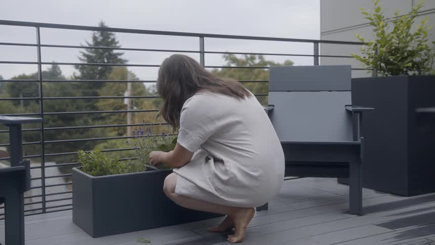 Woman walks out to get cutting from plants in a box