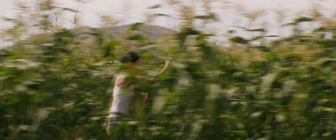 A scared woman runs through a corn field