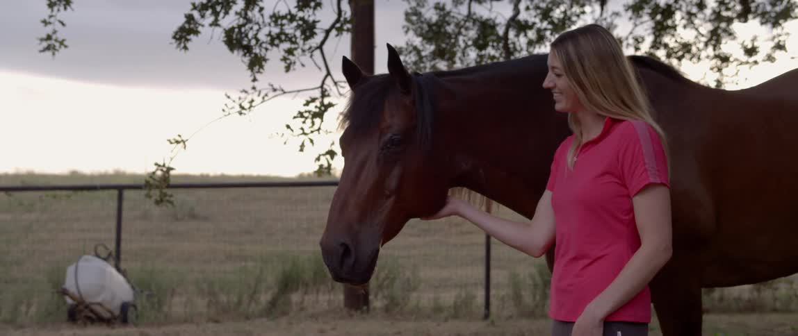 A woman smiles as she pets a horse's neck