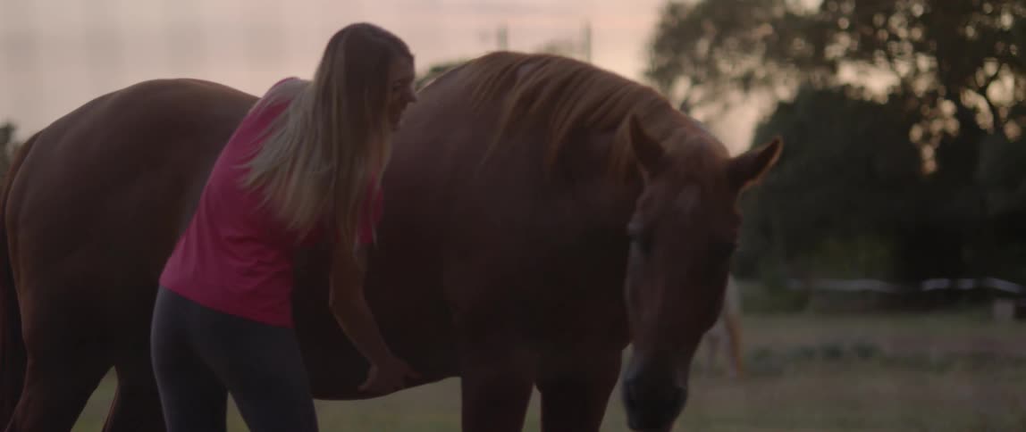 A woman is petting her horse at sunset