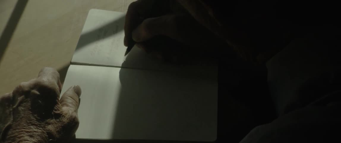 An elderly person writing in a book