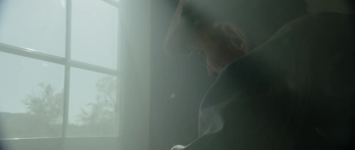 A man is leaning by the window looking outside