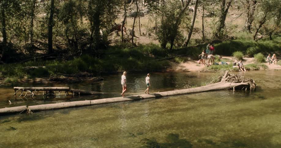People walk over a fallen tree in the water