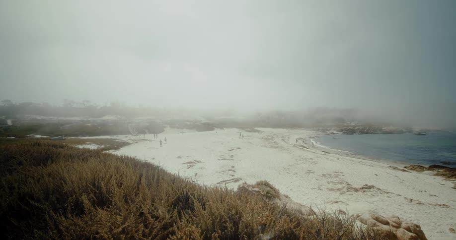 A small group of people walk across a patch of sandy ground
