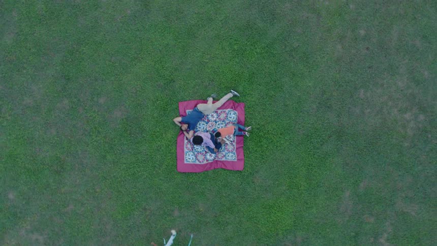 A little girl gets up from a picnic blanket and runs off to fly a kite while her parents and brother stay on the blanket