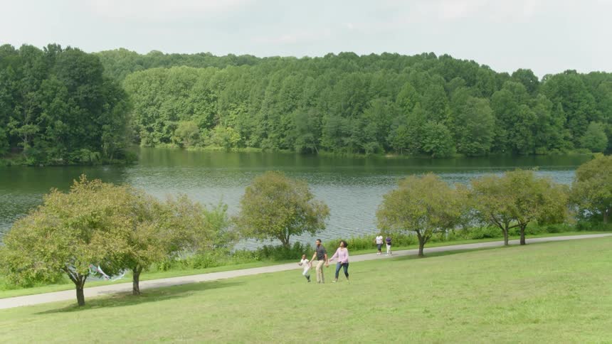A family flies a kite near a lake