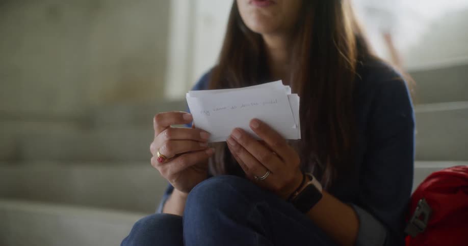 A woman sitting on steps studying cue cards while people in the background walk up and down