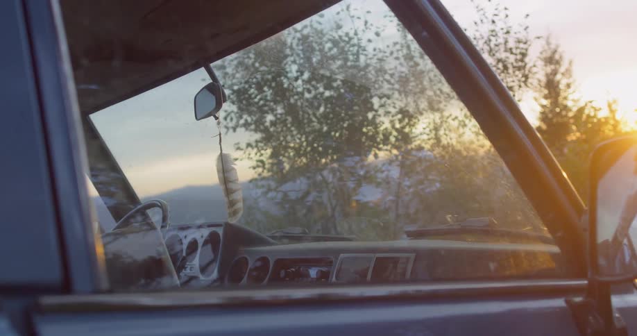 The vehicle is parked by a tree at sunset