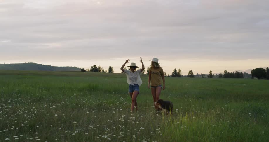 Two women and a dog are walking to a car