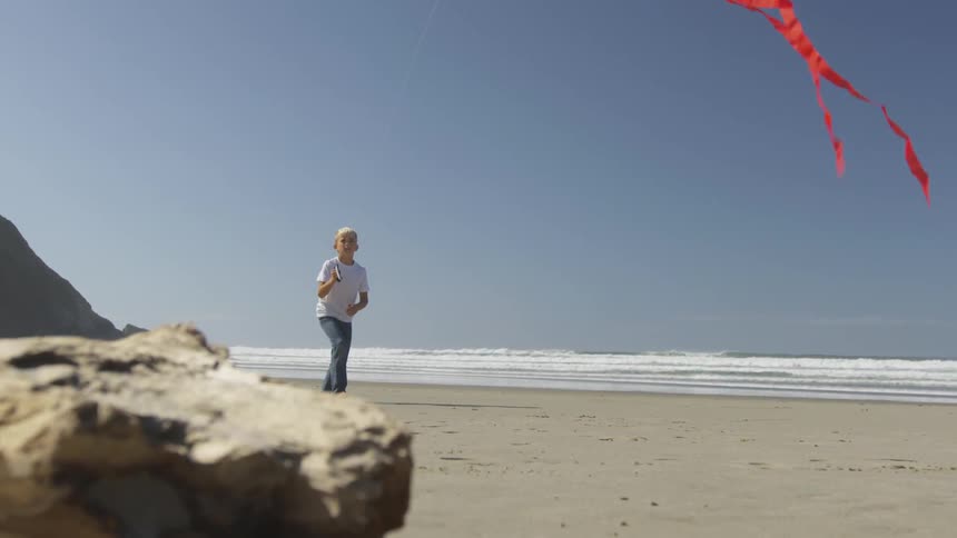 Young blonde boy flies kite on the beach on a sunny day