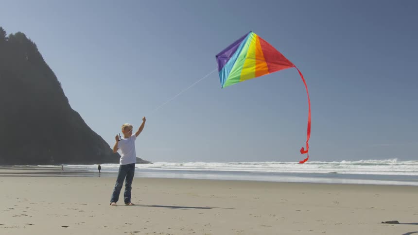 A child flying a kite on the beach