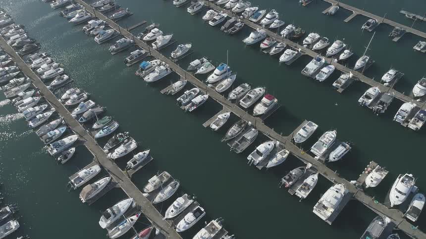 Birds are flying near some boats