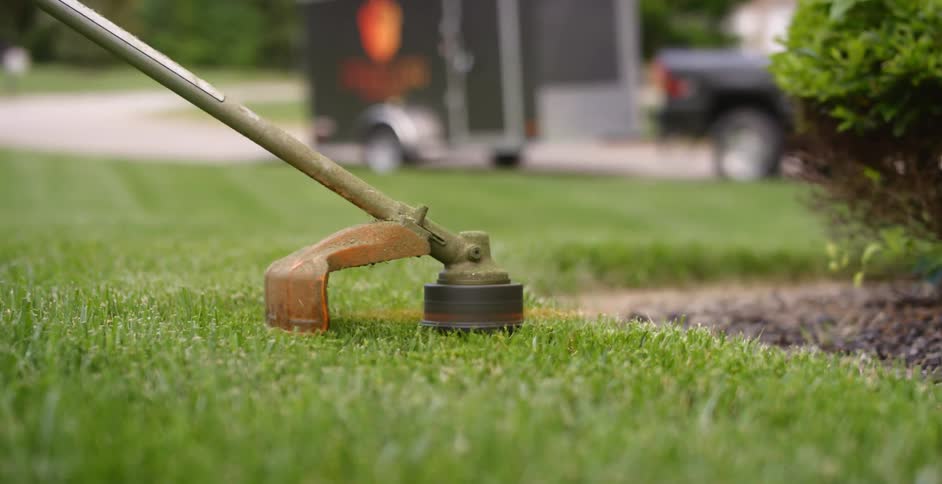 A person is trimming the grass with a trimmer