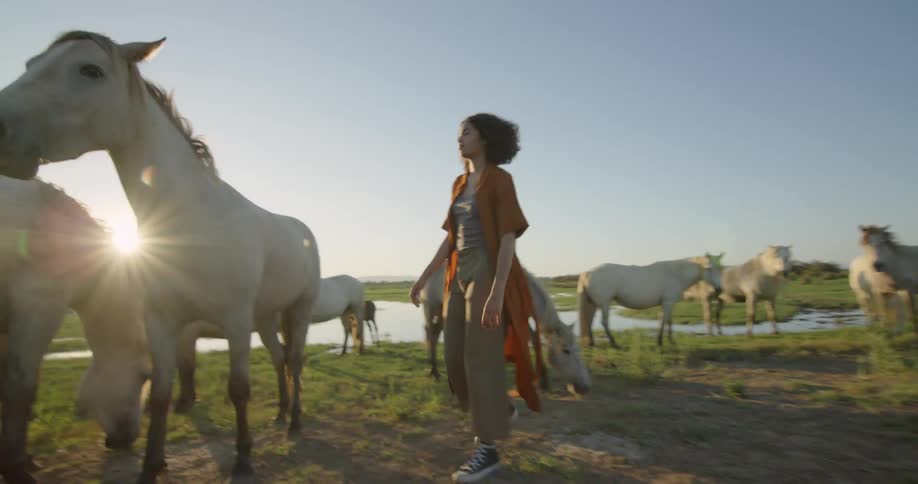 A woman pets a white horse on a ranch