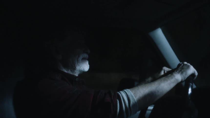 Man who has white goatee drives by night