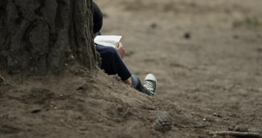 Man sits by a tree and reads a letter