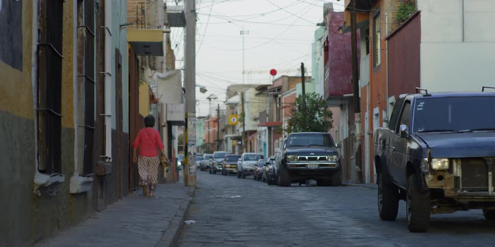 A woman walks down the small road past the buildings and homes