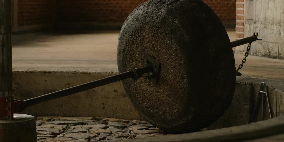 A stone wheel (a tahona) with an iron bar in the middle