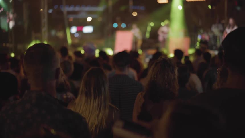 People are dancing and watching a band on stage