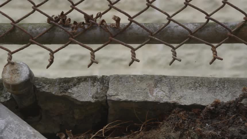 A bottom of a fence near a slab of concrete