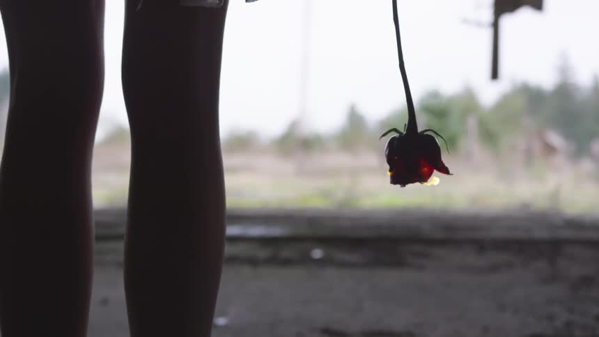 A female holding a burning rose while standing outdoors