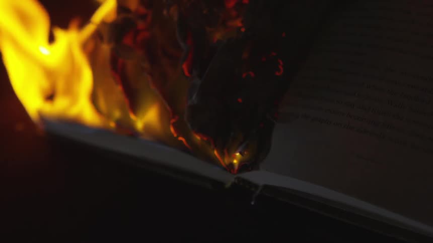 Pages of book burn on a dark night