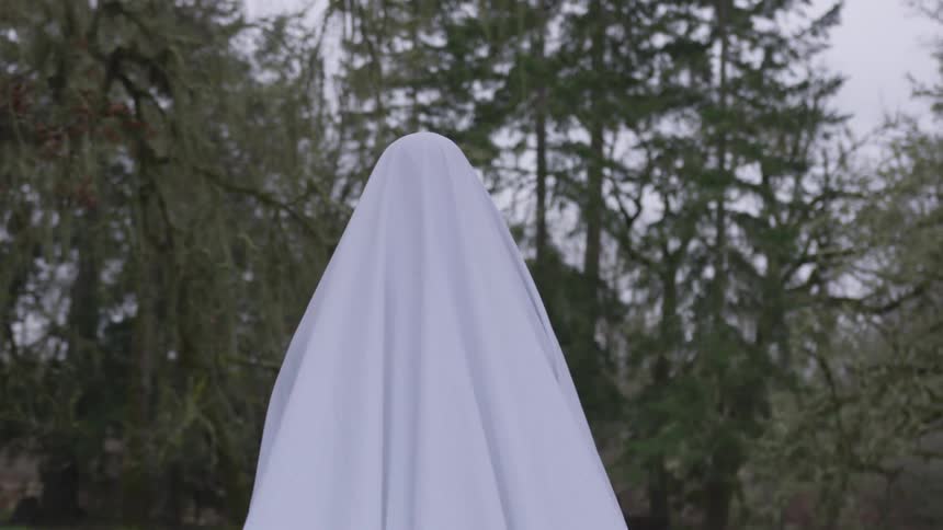 Person draped in white sheet stands in front of trees