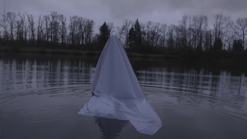 A person is wearing a ghost costume and walks into a lake
