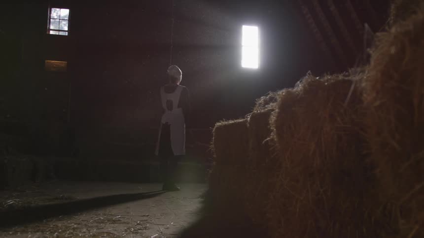 A woman standing alone in a barn filled with hay