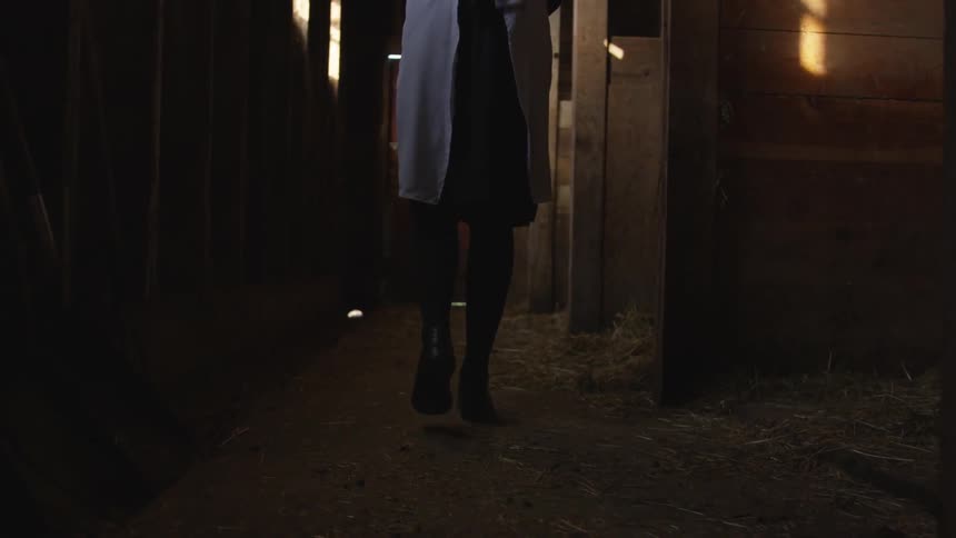 A person walks through the dark barn