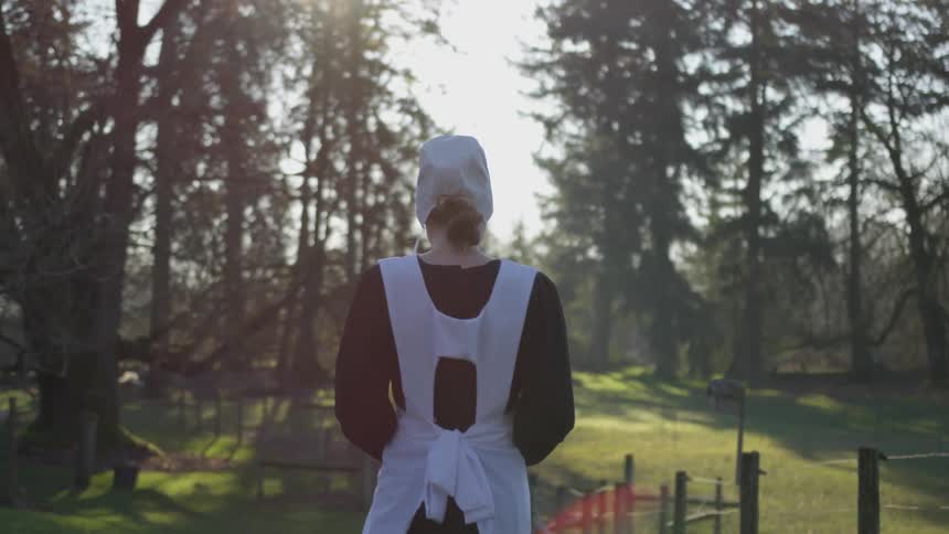 A woman in traditional european clothing walks on grass towards a fence