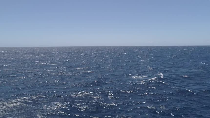 Waves roll in an ocean scene under a cloudless blue sky