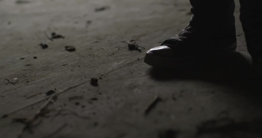 A person rolls a twig back and forth with their foot
