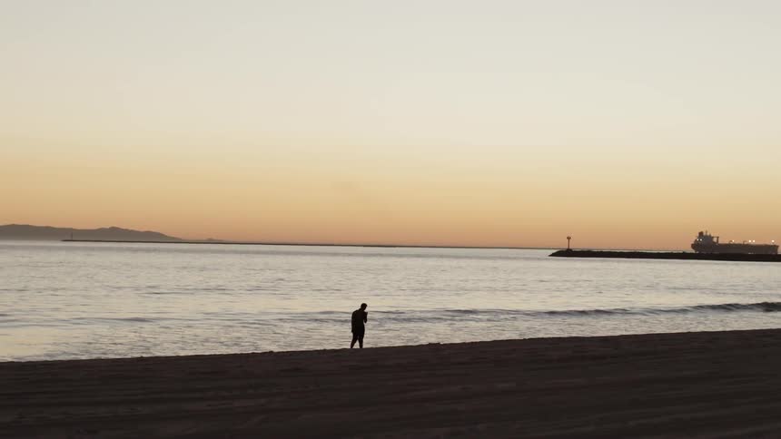 Person walking along the shore at sunset