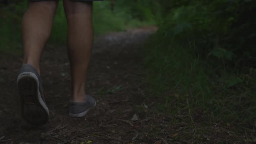 A man in gray shoes walks along a trail with bright green foliage on either side