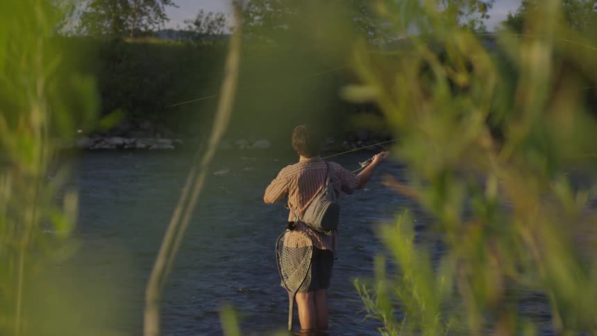 Man fly fishes by the edge of a river