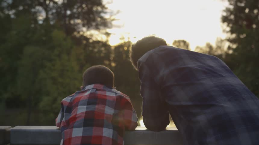 A man and child lean over a railing looking at the water