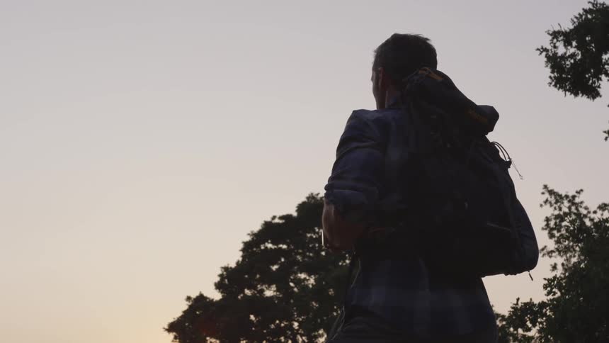 A man wearing a camping backpack is standing still in the midst of some tall trees while there is limited sunlight