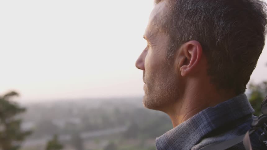 A man looks out over tree tops and landscape below