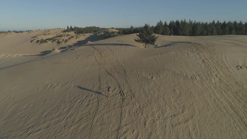 Man runs across sand plain covered in vehicle tracks toward tree line under blue sky