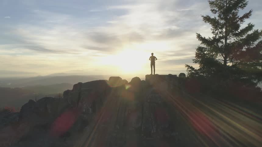 A lone person stands atop a rocky ridge next to a pine tree as they overlook the bright sun shining over mountainous terrain