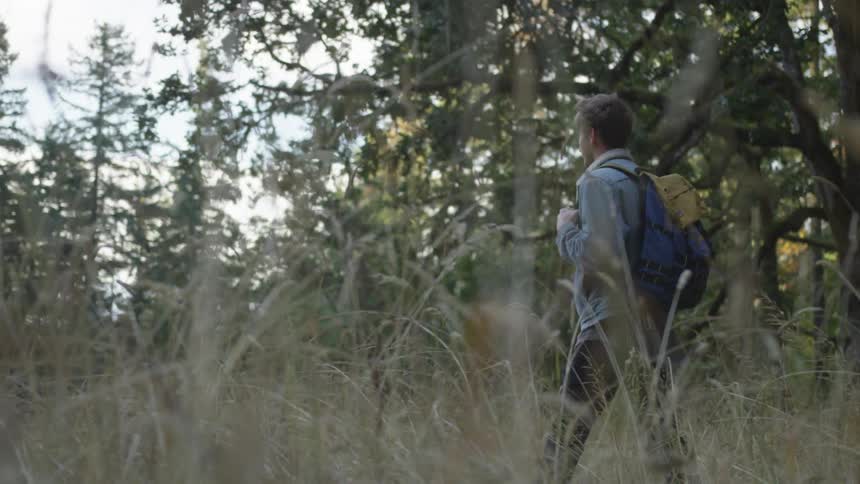 A man wearing a backpack walks through tall grass past trees on a sunny day