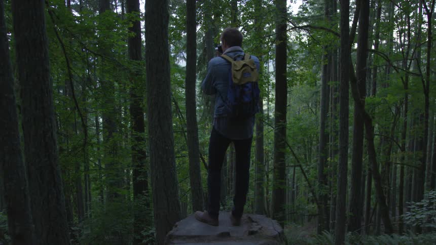 A man with a backpack on stands on a rock in the forest taking photographs