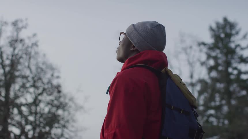 A hiker in a red jacket and backpack looks up at the sky over bare trees