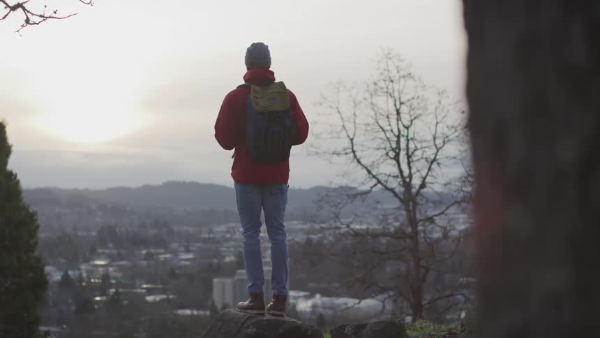 A person wearing a backpack stands on a rock and looks down at the town and trees below