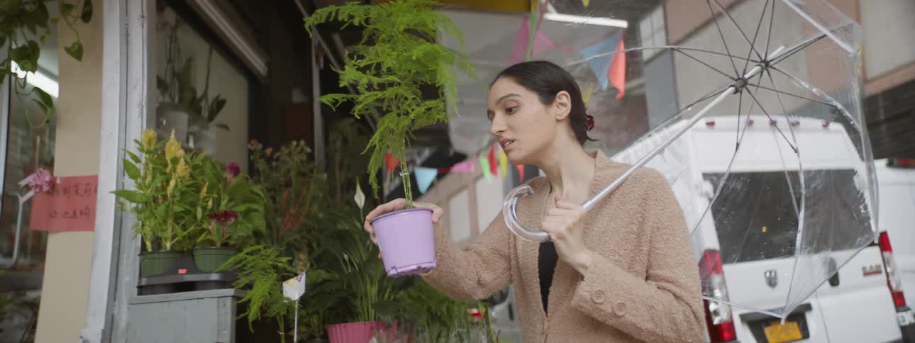 Woman holding umbrella looking at a potted plant