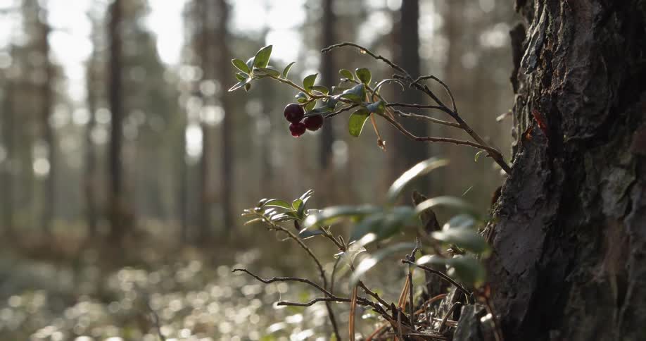 Lingonberry sprouting off the side of a tree