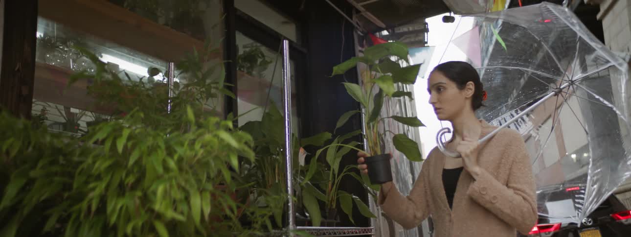 Middle eastern woman picking up plant at a market