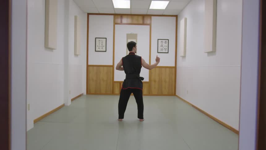 Man Practicing Asian Fighting Techniques