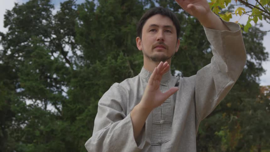 Man Practicing Asian Fighting Techniques